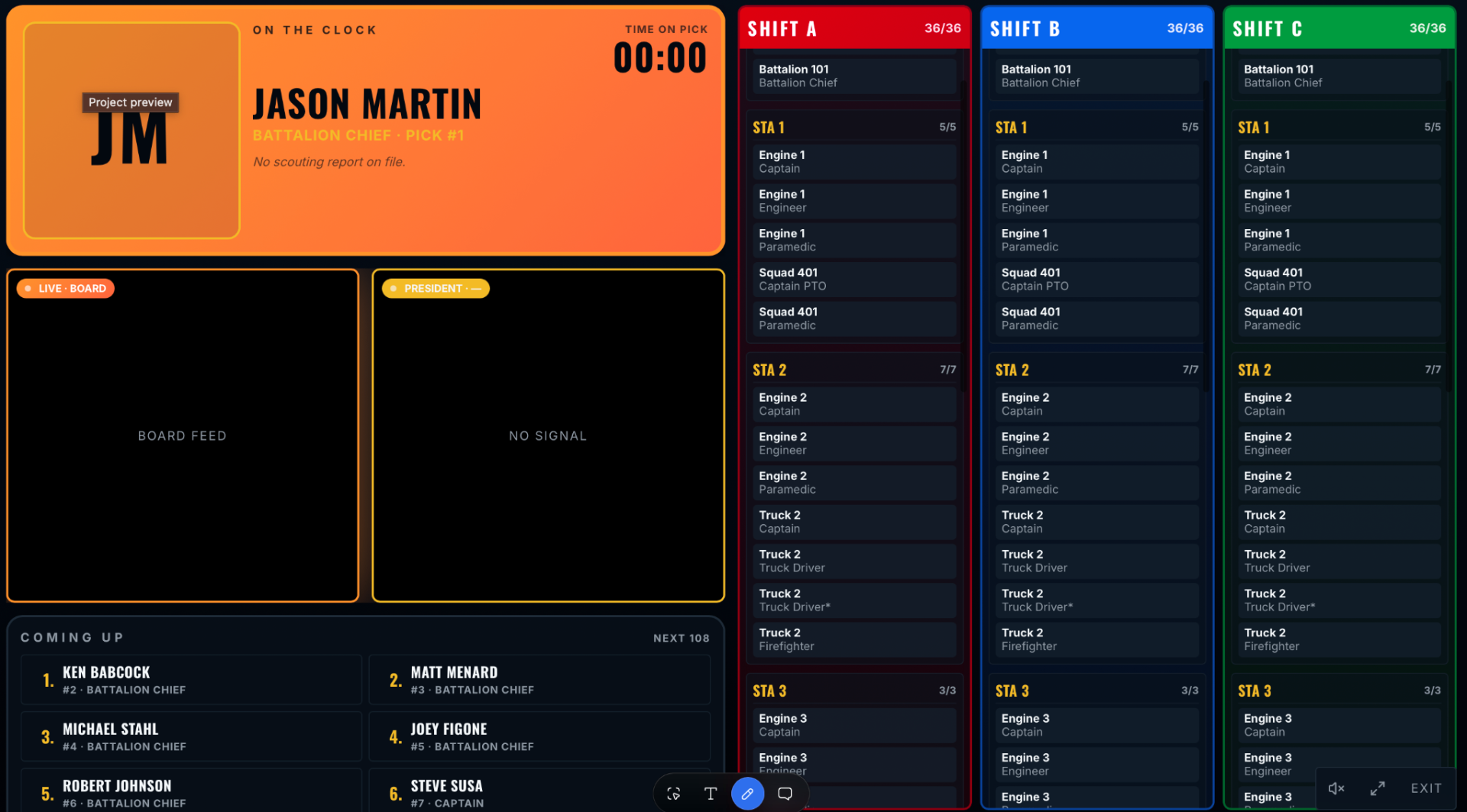 Live broadcast board view with on-the-clock pick and shift rosters
